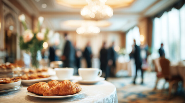 Business breakfast meeting features croissants and coffee cups on table, with blurred background of attendees engaging in conversation