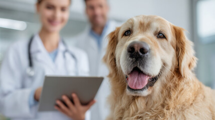 Close up photo of golden retriever dog in veterinary clinic, showcasing friendly expression and attentive care from staff