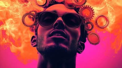 Dark silhouette of a person's head and neck with mechanical gears and cogs and flames emerging against a vivid pink and orange background, conveying intense creative energy and mental turbulence