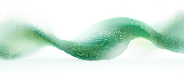 soft translucent green ribbon of tiny gold and green particles flowing in gentle undulating waves across a bright white background, calm and futuristic serenity