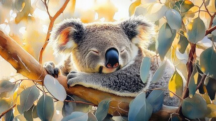 Sleeping koala hugging a eucalyptus branch amid sunlit leaves, peaceful and content expression