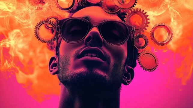 Dark silhouette of a person's head and neck with mechanical gears and cogs and flames emerging against a vivid pink and orange background, conveying intense creative energy and mental turbulence - Powered by Adobe