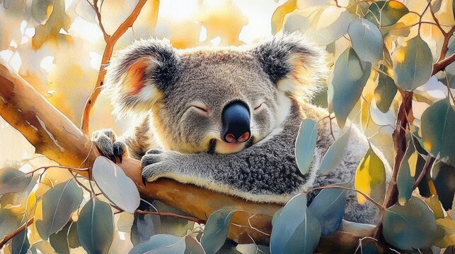 Sleeping koala hugging a eucalyptus branch amid sunlit leaves, peaceful and content expression