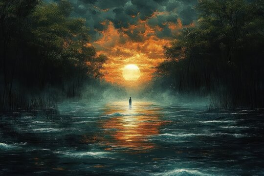 Solitary figure standing in reflective water beneath a glowing orange sun, mist rising between dark forest banks and dramatic clouds, evoking solitude and awe - Powered by Adobe