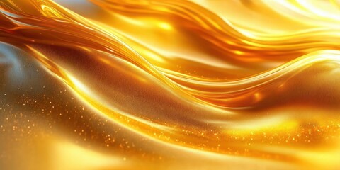 Flowing golden metallic waves and shimmering sparkles on a smooth glossy surface, evoking warmth, luxury and serene radiant motion