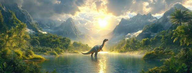 Lone dinosaur standing in a sunlit mountain lake surrounded by lush tropical jungle and misty peaks, golden sunrise casting dramatic rays, serene majestic atmosphere