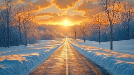 Sunlit winter road stretching to the horizon at sunrise, flanked by deep snowbanks and bare trees under a golden clouded sky, evoking serene hopeful calm