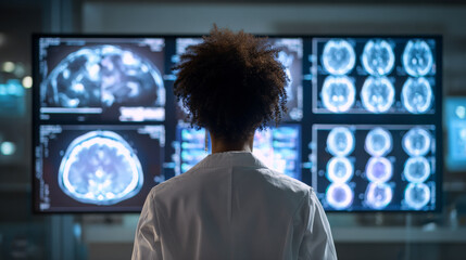 Black woman doctor examines brain scans on multiple screens, showcasing her dedication to medical research and patient care