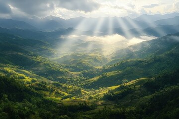sunbeams piercing clouds over mist-filled green mountain valleys and terraced fields, serene tranquil panorama evoking awe and hope
