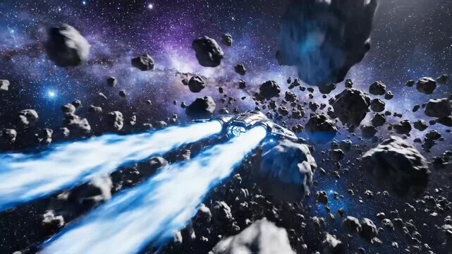 Spaceship hurtles through asteroid field