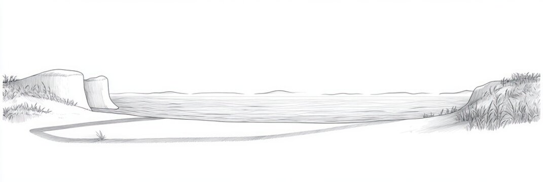 Minimalist pencil sketch of a tranquil coastal panorama with sandy beach, curved shoreline, grassy dunes and low cliffs overlooking a calm sea and distant horizon