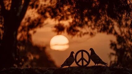Two pigeon silhouette peace symbol sunset dove peace symbol silhouette bird dusk orange light tree rock sky horizon nature calm romantic dove sunset