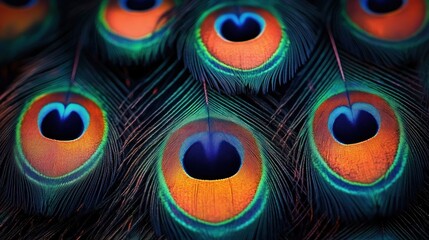 Close-up of peacock feathers with iridescent eye spots in vibrant blues, greens and oranges conveying mesmerizing elegant beauty