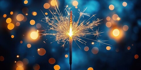 single lit sparkler releasing golden sparks and bokeh lights against a deep blue background, evoking joyful celebration and wonder
