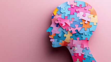 Profile silhouette of a human head made of colorful jigsaw puzzle pieces on a soft pink background, evoking introspection and hopeful contemplation