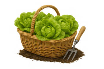 Fresh lettuce heads in a basket with a small garden fork, symbolizing fresh harvest, organic farming, and healthy eating, transparent background