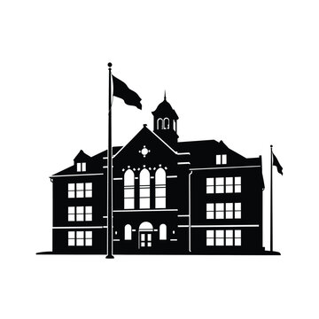 Historic school building with flags silhouette
