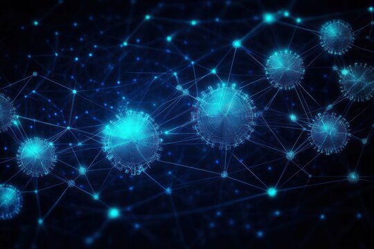 Glowing blue interconnected spheres and network lines forming a futuristic digital web, evoking connectivity and mysterious technological wonder