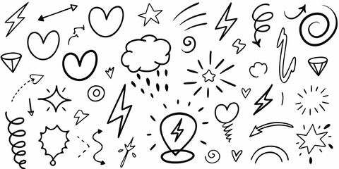 Collection of hand drawn doodle elements including hearts lightning bolts stars arrows and clouds on a white background