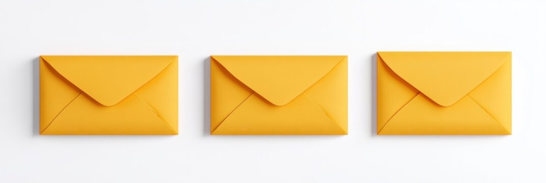 three bright yellow envelopes neatly aligned in a row on a clean white background, minimalist and orderly with a cheerful organized feel