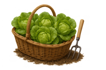Basket of fresh butter lettuce with a garden fork, showing organic harvesting and healthy produce on transparent background