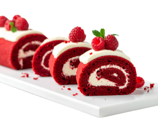 Red velvet roll cake with cream cheese frosting and raspberries isolated on tansparent png