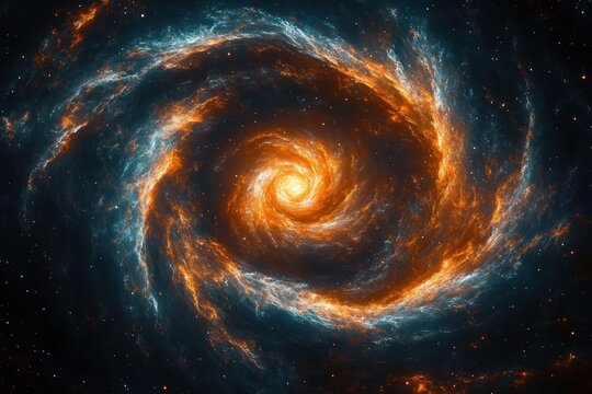 swirling spiral galaxy with glowing golden core and blue-orange gas arms, starfield and majestic cosmic vortex - Powered by Adobe