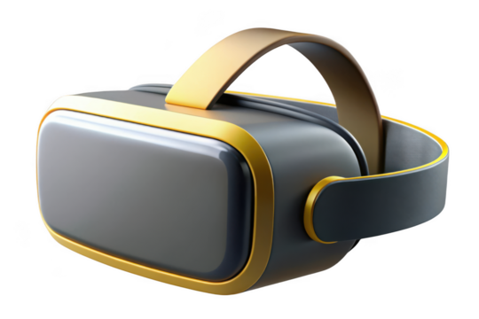 High-quality vr headset illustration, virtual reality gaming device, modern tech gadget, metaverse experience, futuristic design, gray and gold isolated on transparent background