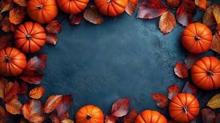 cozy autumn harvest with small orange pumpkins and red fall leaves forming a seasonal border on a dark textured background