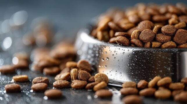 A close-up of kibble in a metallic bowl, with droplets of water on the surface, showcasing a rich texture and vibrant colors.