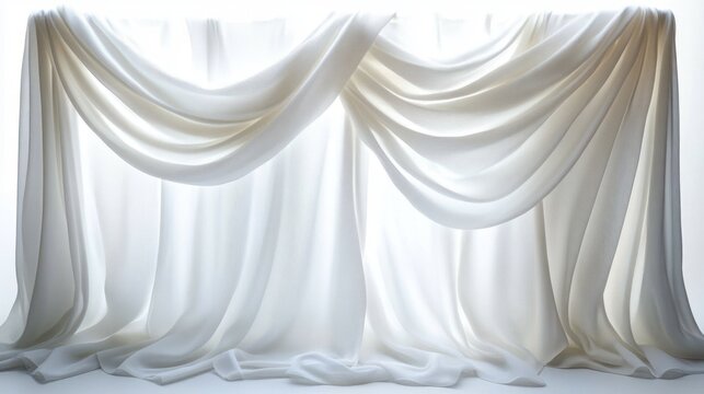 soft white draped curtains with elegant swags and pooling folds illuminated by gentle light, evoking calm serene elegance