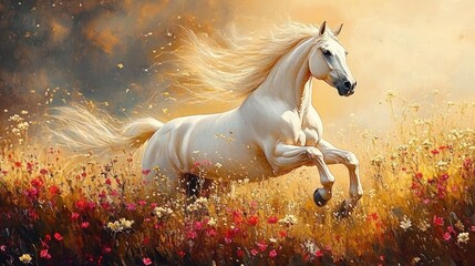 White horse galloping through a sunlit wildflower meadow with flowing mane and tail, warm golden light and colorful flowers conveying freedom, power and joy