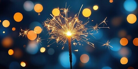 Lit sparkler stick bursting golden sparks against soft blue and orange bokeh lights, evoking festive joy and wonder