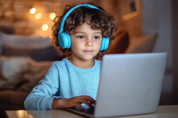 child with blue headphones focused on laptop in cozy dim living room with warm bokeh lights, engaged and curious