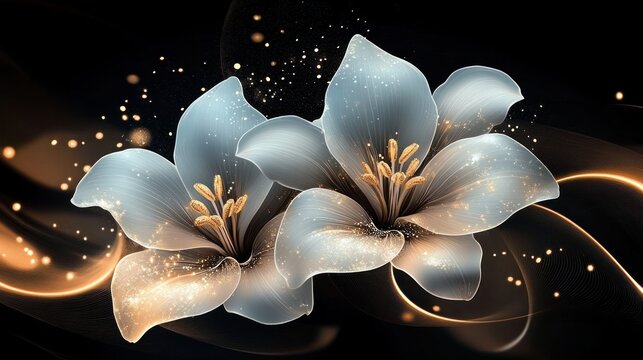 Two luminous white lilies with golden stamens surrounded by glowing golden ribbons and sparkling particles on a dark background, elegant and magical - Powered by Adobe