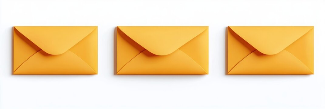 Three bright orange envelopes with closed flaps aligned in a row on a clean white background with soft shadows, evoking tidy cheerful minimalism