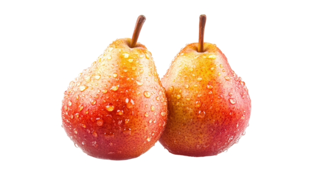 Two red and yellow pears with water droplets isolated on a transparent background