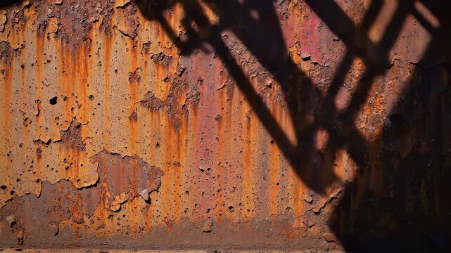 Long dark linear shadows stretching and compressing dynamically across a heavily textured and rusted industrial metal wall background surface, texture background, movement