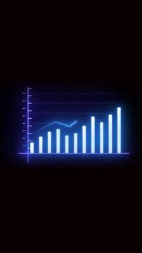 Animated neon blue progress bar graph digital marketing vertical video. Technology abstract background neon blue chart animation vertical video. Business success upward trend neon blue bar graph.