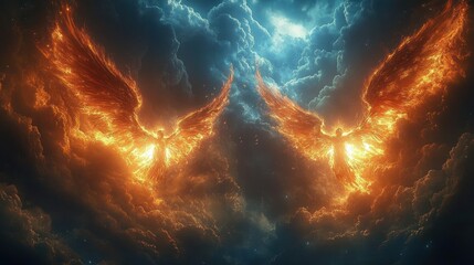 two fiery winged figures of flame soaring through dramatic storm clouds, a majestic and awe-inspiring celestial display