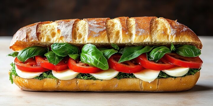 Crusty baguette sandwich filled with fresh basil, ripe tomato slices, creamy mozzarella and leafy greens, vibrant and appetizing - Powered by Adobe