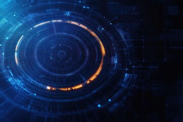 Glowing concentric circular digital interface with blue circuitry and orange highlights on a dark background conveying futuristic precision and immersive high-tech energy