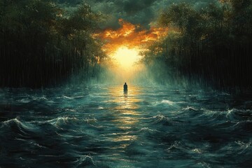 Solitary figure wading through rippling dark water toward a luminous golden sunburst between dense forest trees under a dramatic stormy sky, evoking solitude and awe