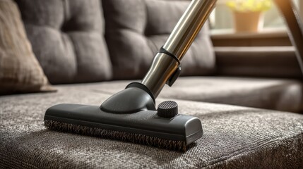 A vacuum cleaner attachment is positioned on a textured couch, showcasing a clean and modern living space with soft lighting.