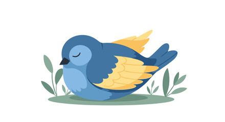 Obraz premium A cute cartoon blue bird with yellow wings is peacefully sleeping on a small patch of grass, surrounded by green leaves, against a white background.