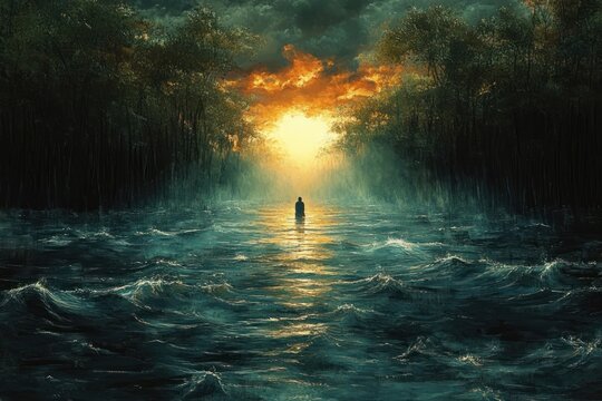 Solitary figure wading through rippling dark water toward a luminous golden sunburst between dense forest trees under a dramatic stormy sky, evoking solitude and awe