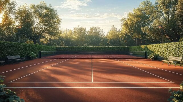 Quiet sunlit clay tennis court with net, empty benches and manicured hedges surrounded by tall trees, warm early morning tranquility