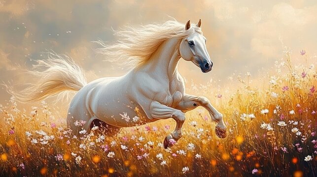 white horse galloping through a sunlit wildflower meadow, mane and tail flowing, joyful and free - Powered by Adobe