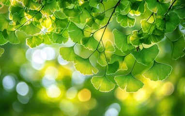 Sunlit ginkgo leaves and delicate branches with soft bokeh background, a tranquil and refreshing green canopy