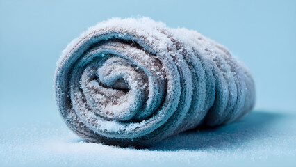 Cozy knitted blanket dusted with sparkling snow, inviting warmth against a cool blue backdrop for winter comfort and holiday themes.